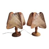 Portuguese Mid Century Modernist wood straw wooden table lamps 1960s SET of 2