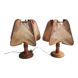 Portuguese Mid Century Modernist wood straw wooden table lamps 1960s SET of 2