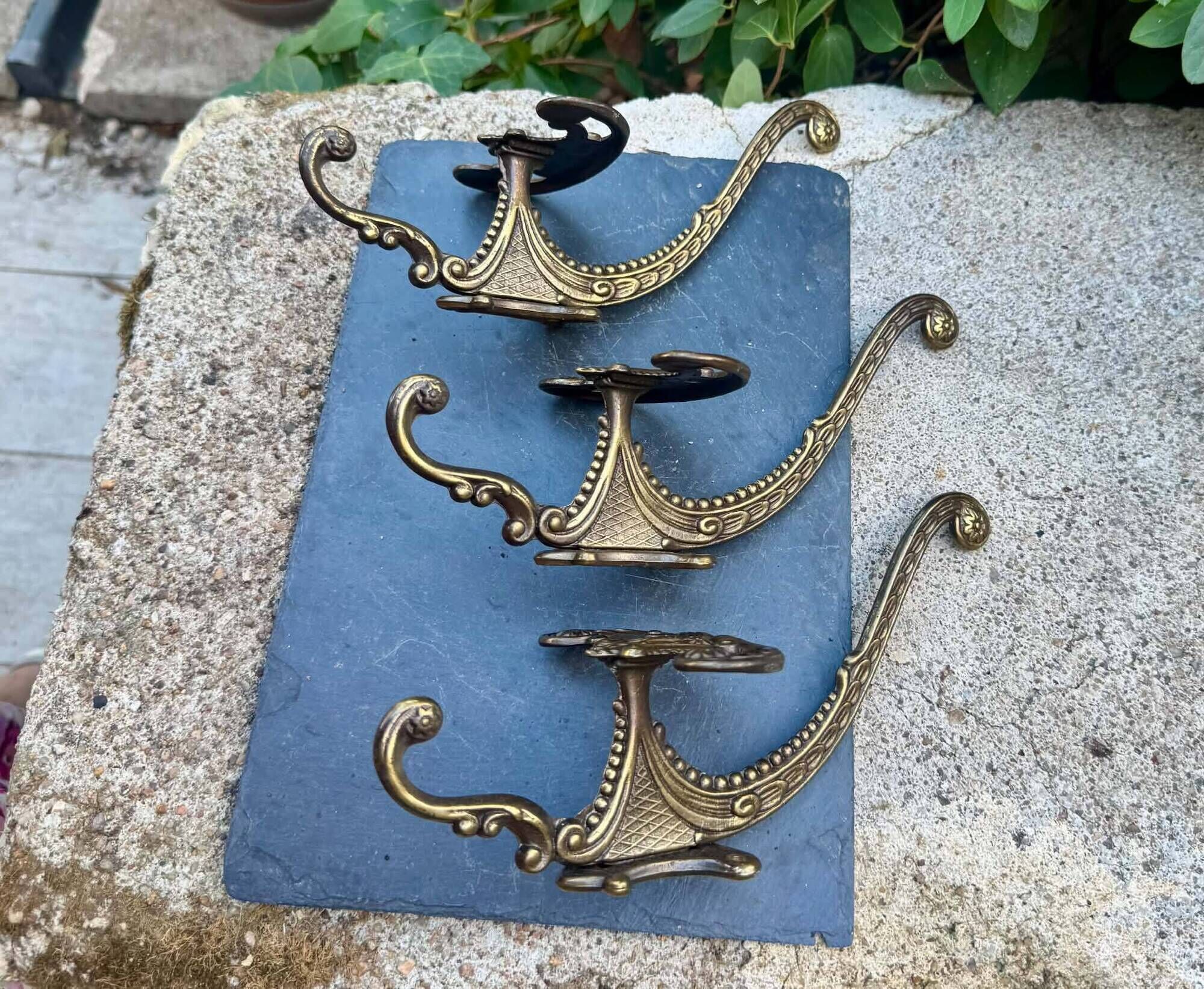 3 vintage Italian baroque brass coat hooks