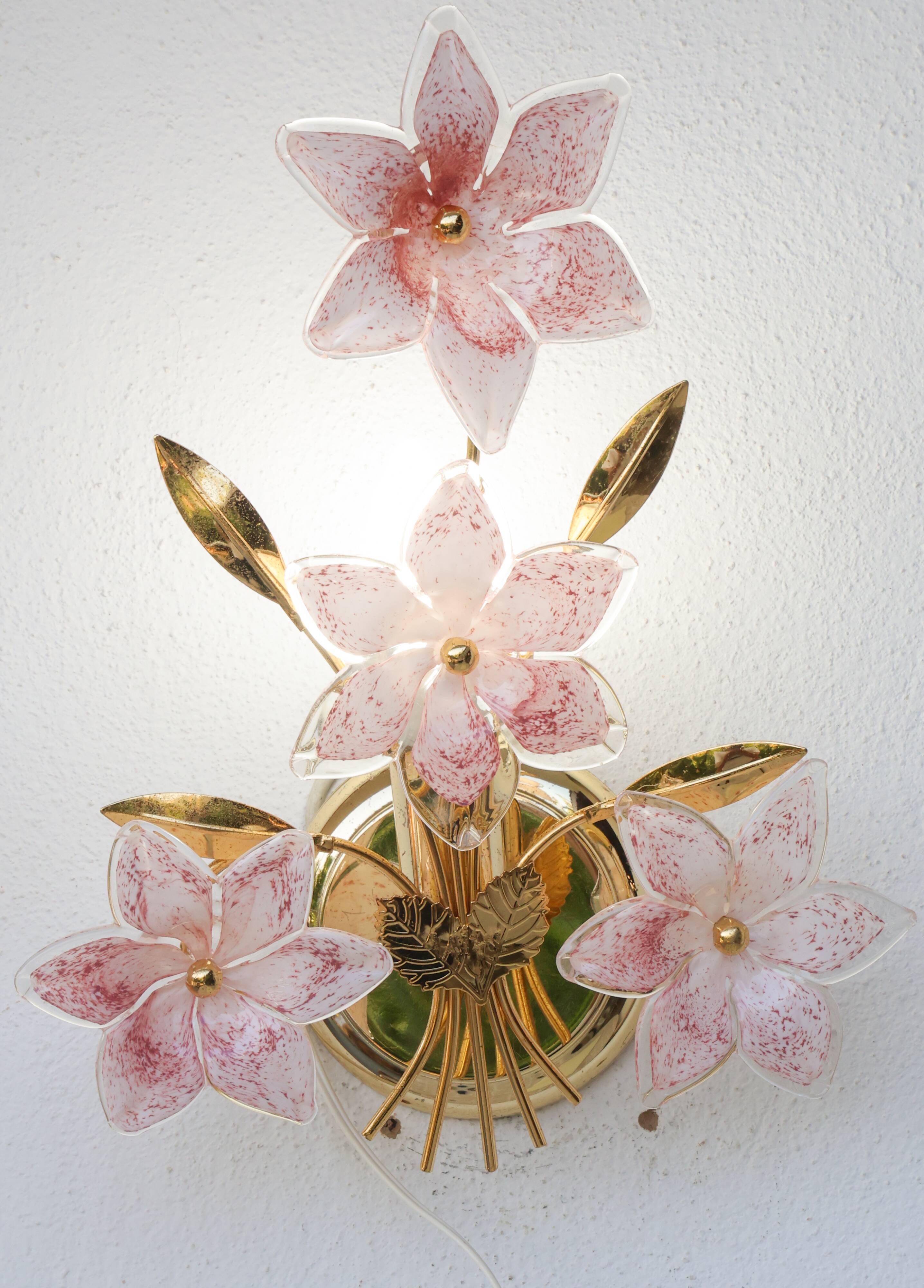 Ensemble de 2 appliques Murano fleurs roses, années 1970