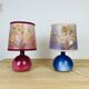 Pair of pink and blue ceramic fig lamps, dried flowers lampshade