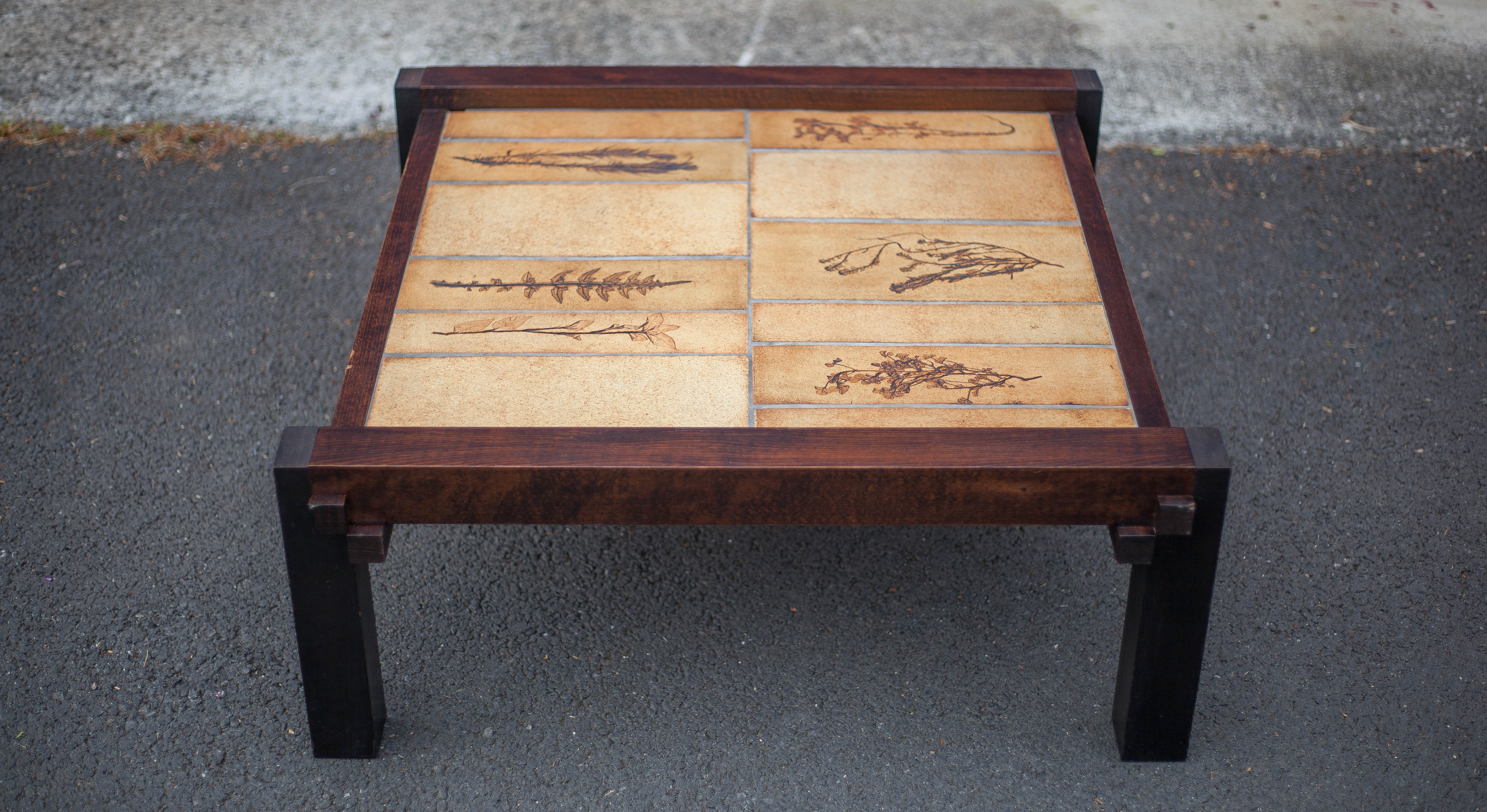 Herbarium ceramic coffee table with wooden structure, capron table, interior decoration