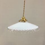 White opaline pendant lamp with transparent serrated edges