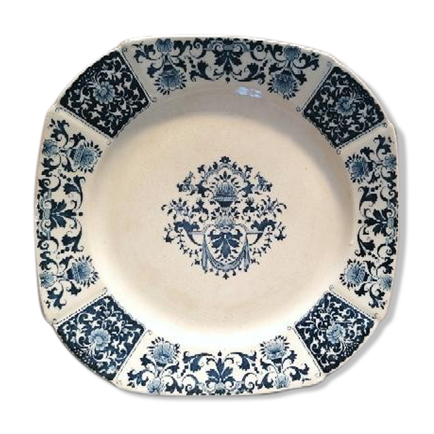 Assiette carré gien modèle ibis bleu, faïence terre de fer ancienne