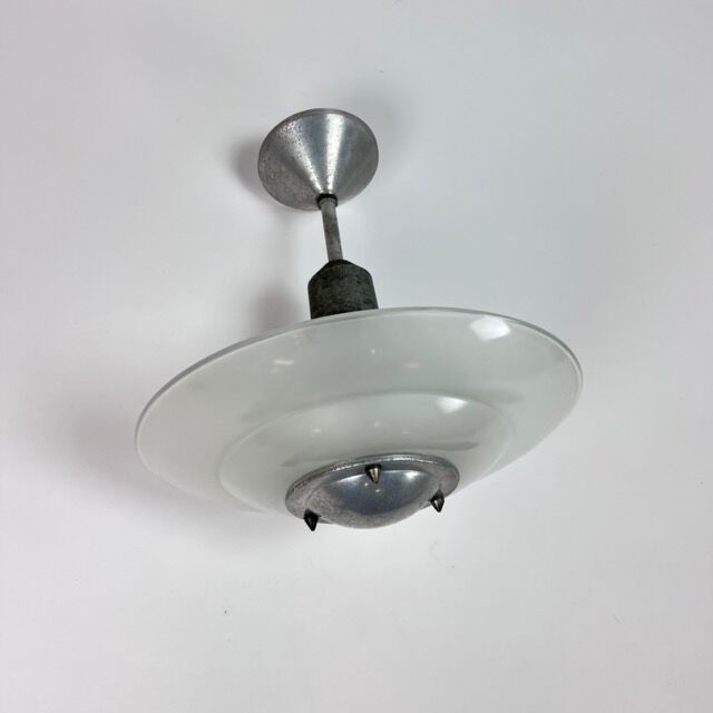 Art deco glass and steel ceiling lamp, 1920