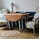 Round table with walnut shutter on wheels raw tray feet chalk