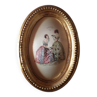 Silk medallion Frame painting flea market XVIIIth XIXth Vintage Rare two women in Ball Dress