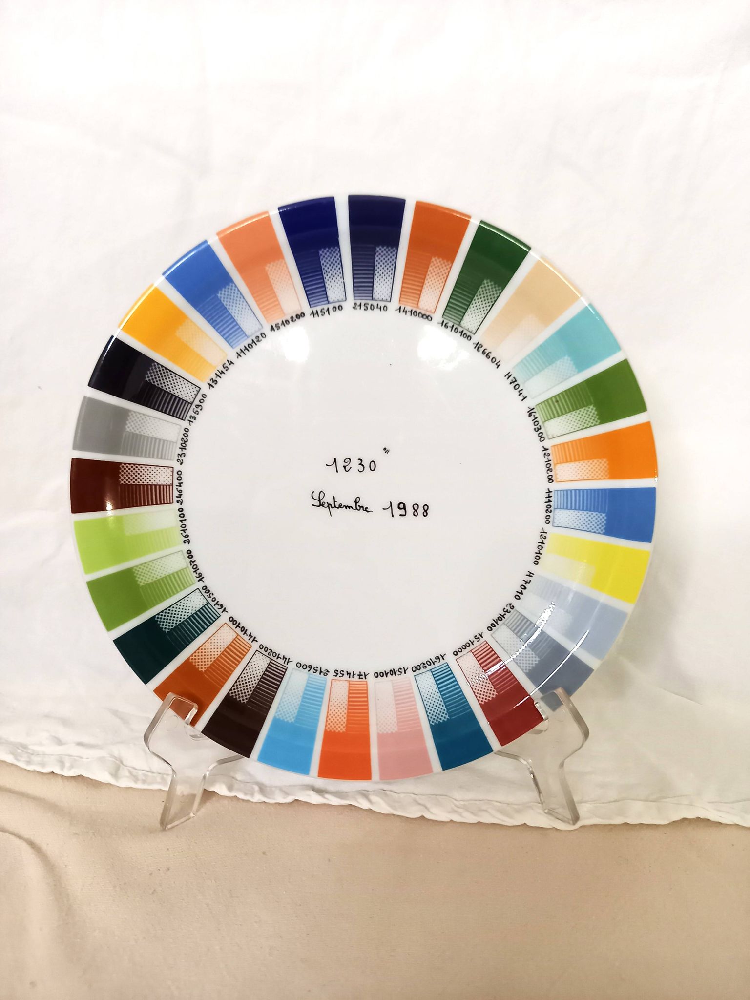 Pillivuyt porcelain plate, color palette, Pantone color chart, dated September 1988