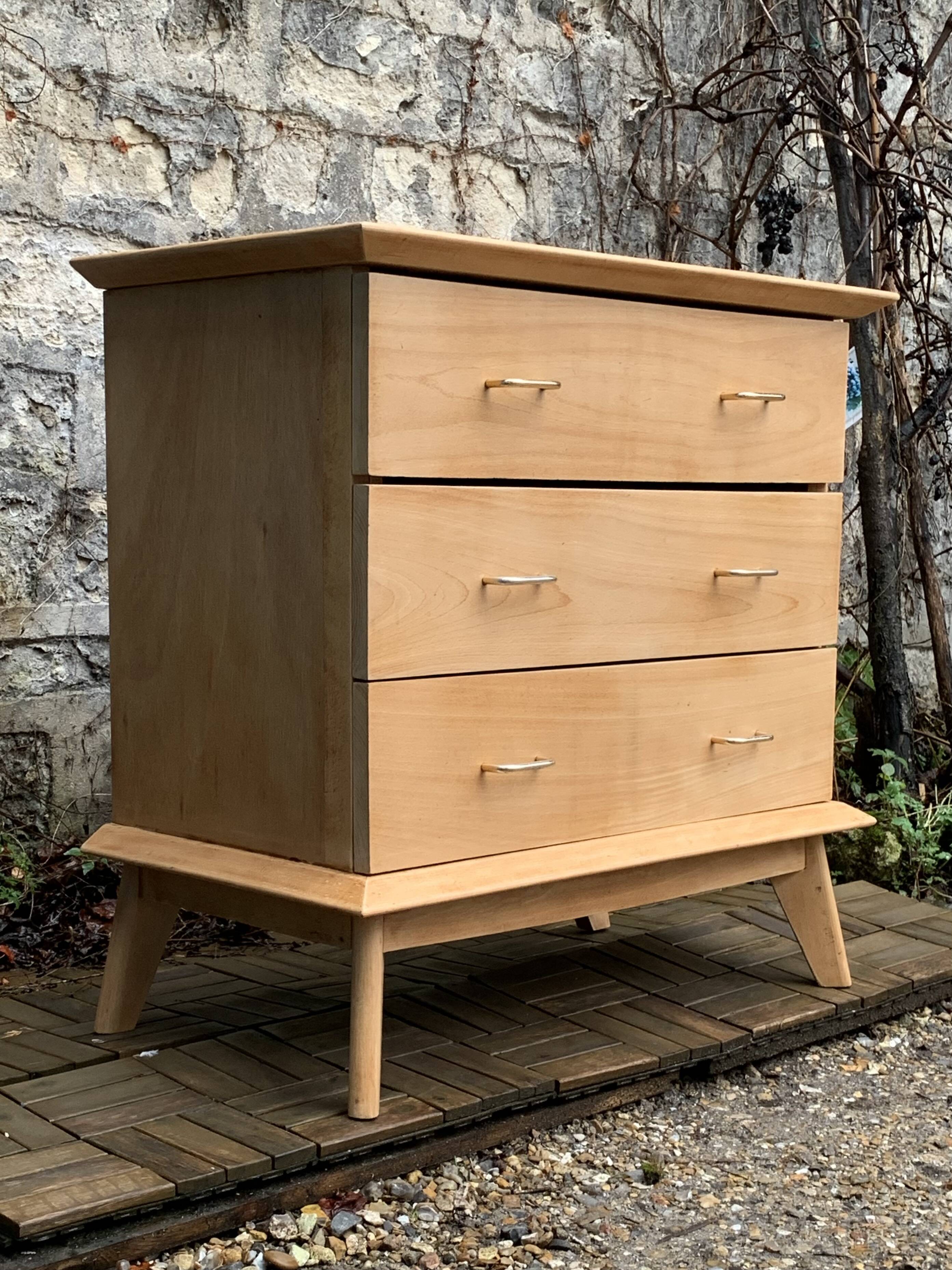 Vintage chest of drawers with compass feet, solid raw beech, 1960s
