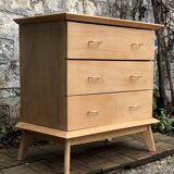 Vintage chest of drawers with compass feet, solid raw beech, 1960s