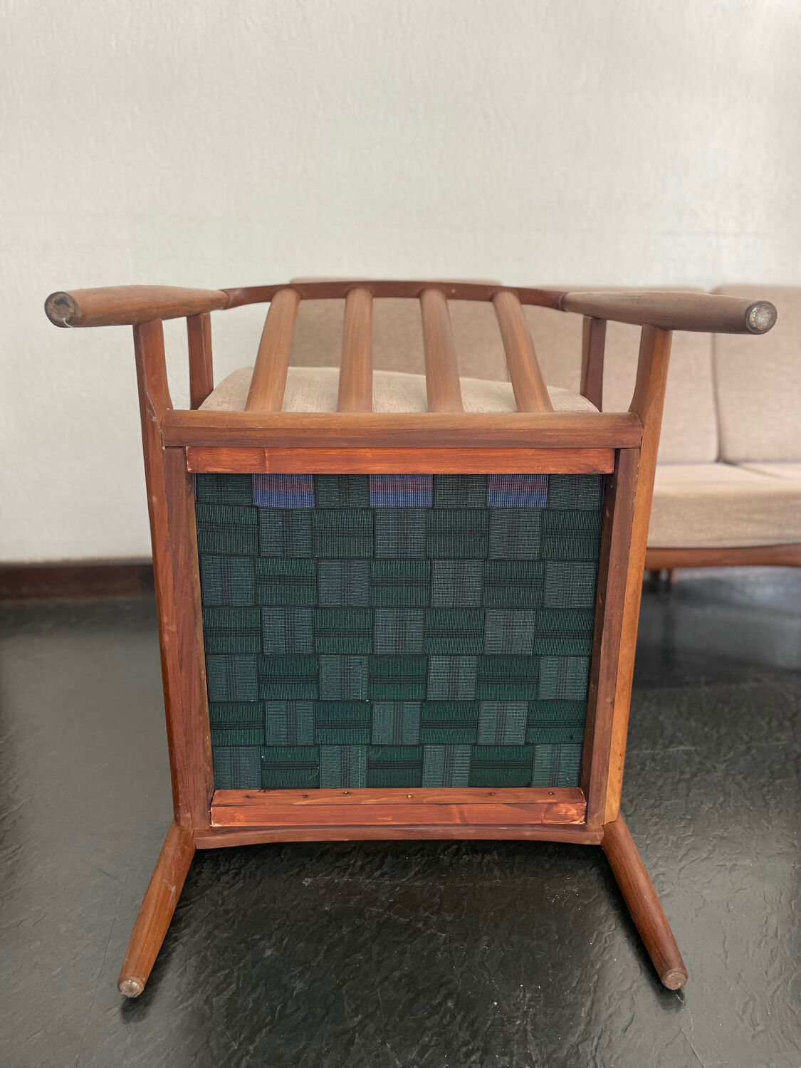 Vintage Scandinavian teak lounge — 3-seater sofa and two armchairs.