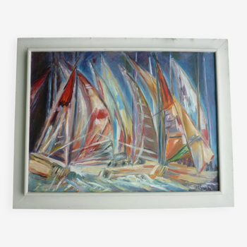 Oil on canvas Regatta 71x56 by M. Vanbelle