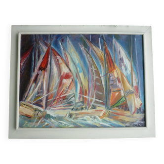 Oil on canvas Regatta 71x56 by M. Vanbelle