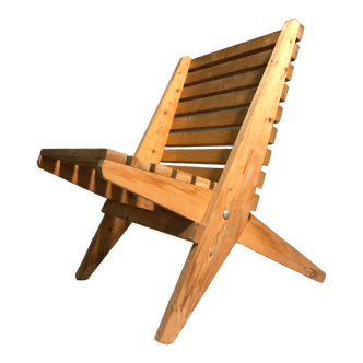 Chaise à ciseaux pliante en pin vintage