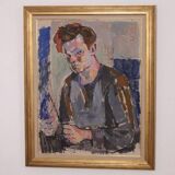 Original XL Swedish oil on canvas – portrait by Pär Thorell – dated 1955 – vintage & framed – 93 × 76 cm