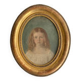 19th century portrait of a young girl, oil painting framed in oval gilded wood