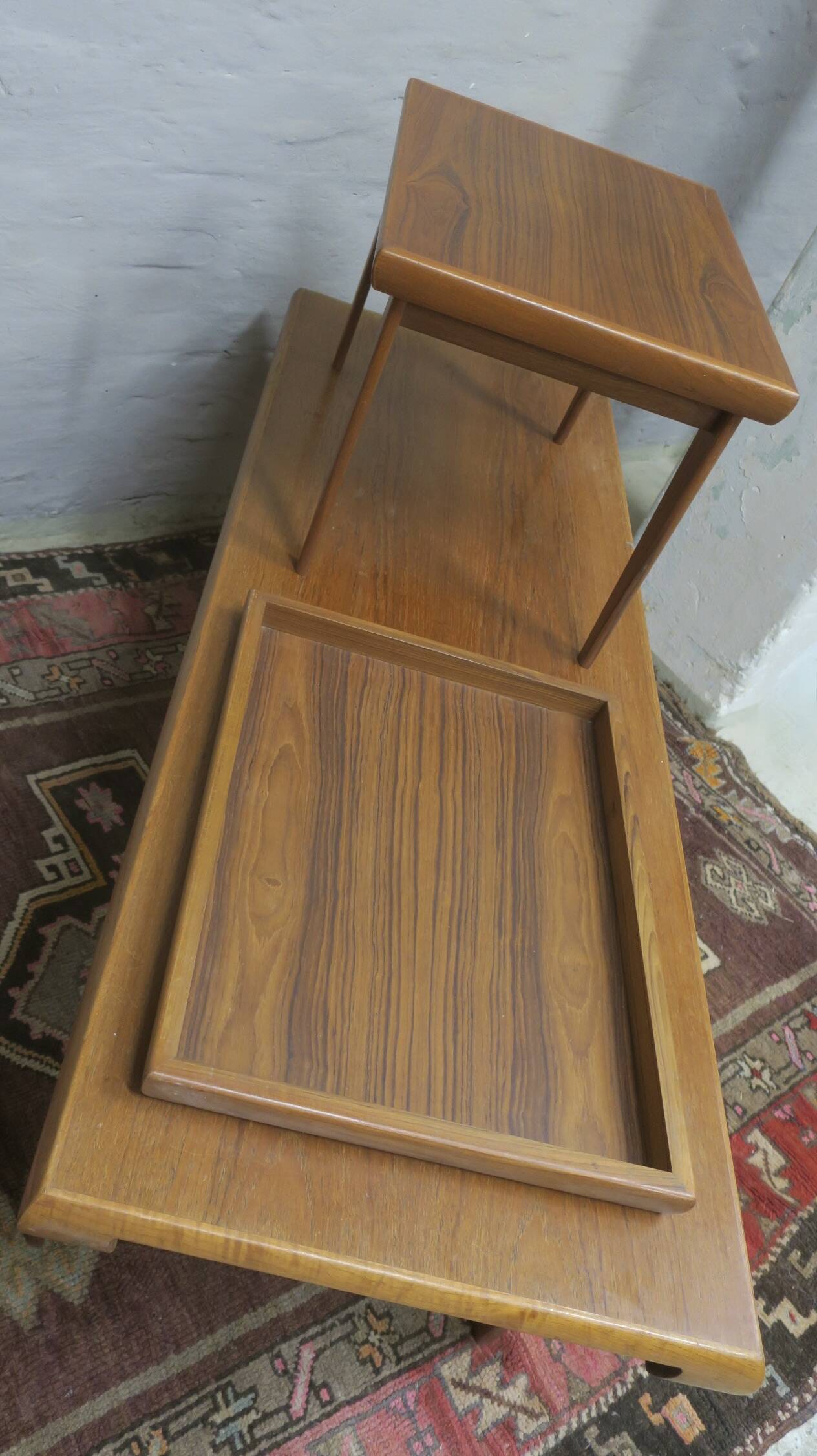 Teak metamorphic coffee tables and tray Johnannes Andesen for Trioh, 1960s