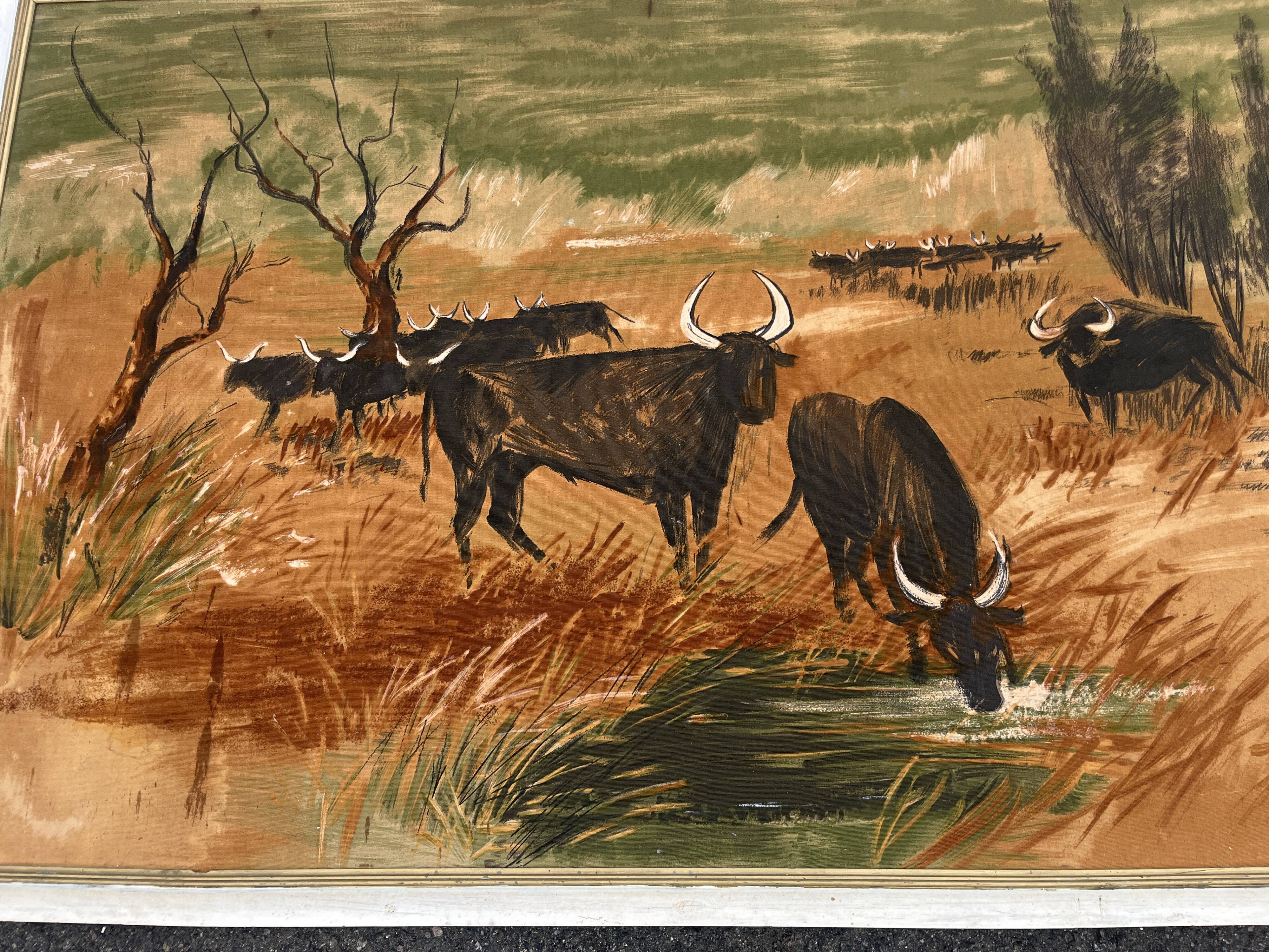 Large old painting signed K. Chamby - Scene of bulls / manade in Camargue