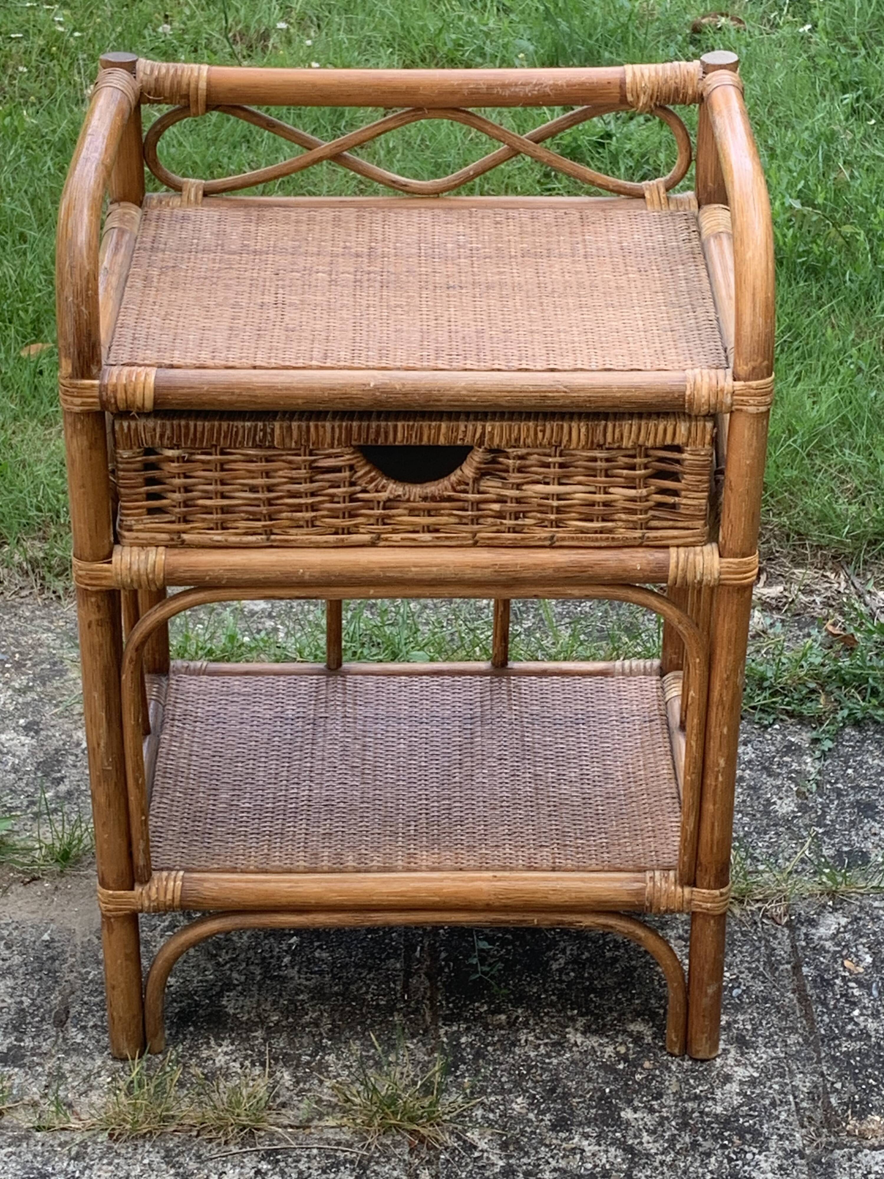 Shelf, side table, bedside table in vintage bamboo and rattan