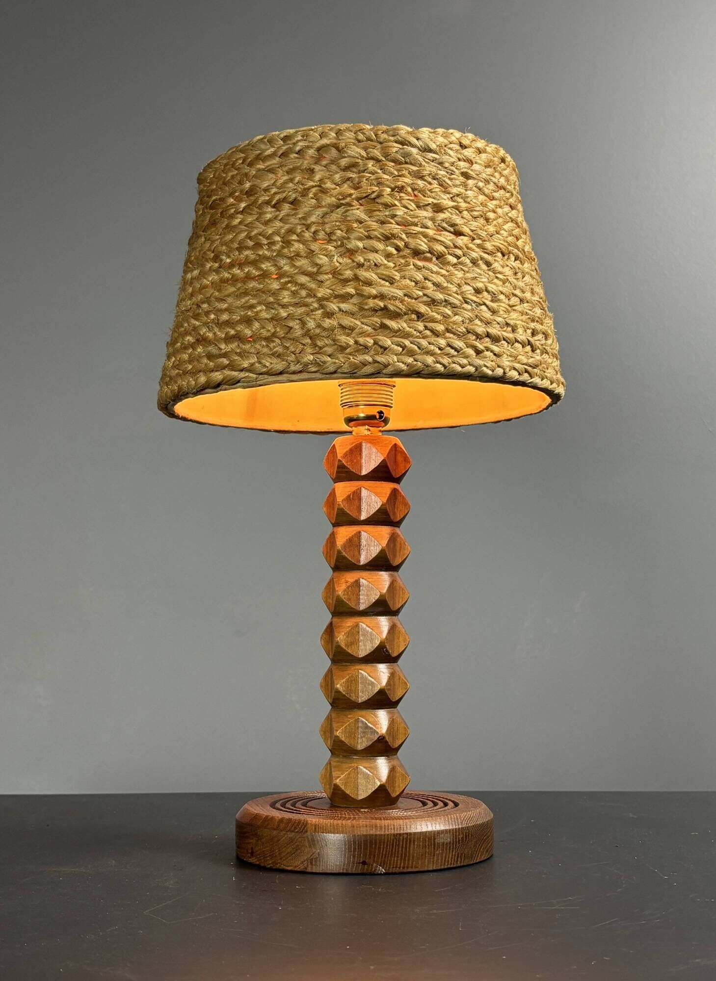 Mid-Century modern brutalist wood turned table lamp Charles Dudouyt style