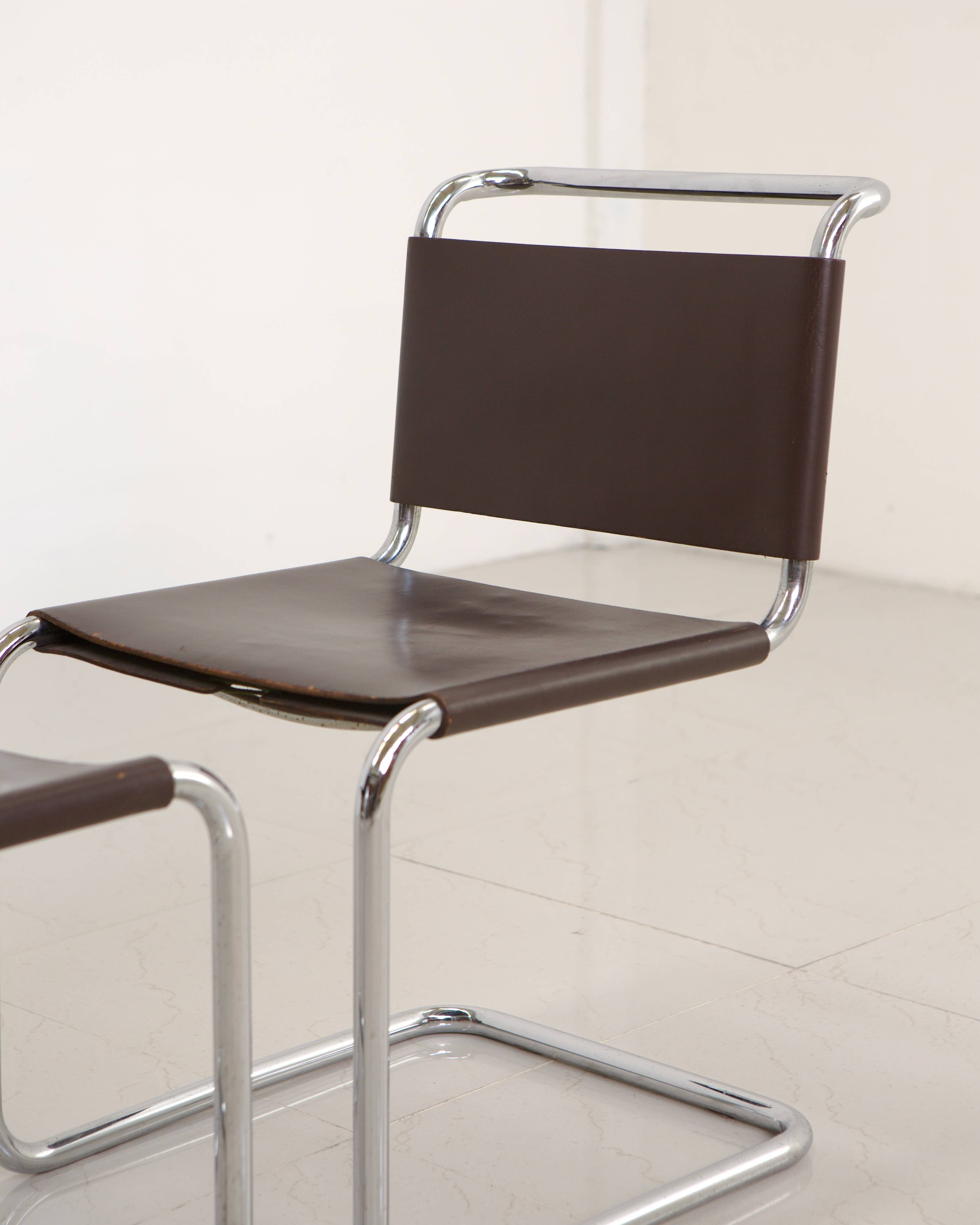 Set of 4 "S33" chairs in brown leather by Mart Stam for Gavina 60's