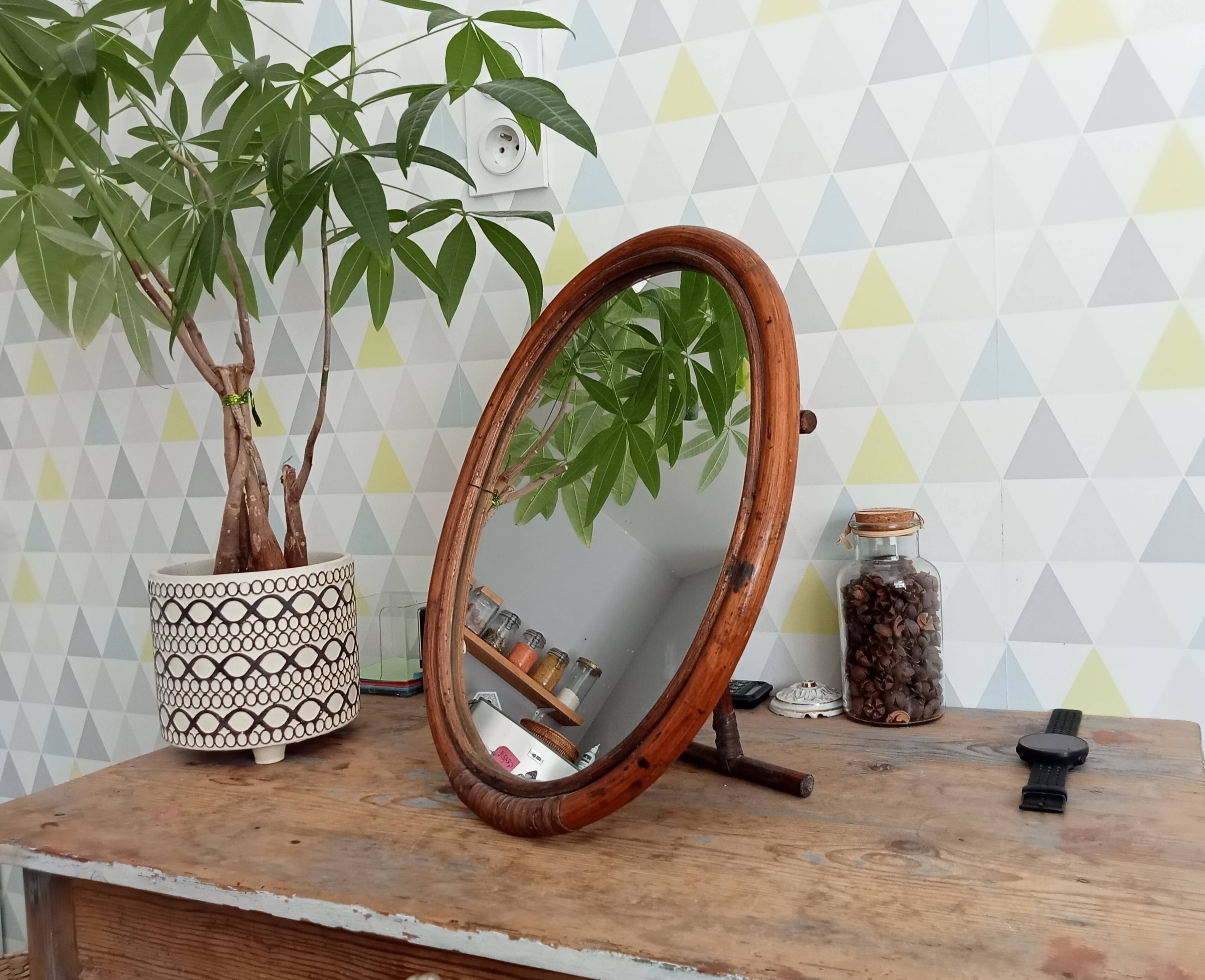 Antique rattan table mirror early 20th century