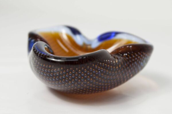 Cendrier Murano verre bullé orange bleu et transparent 1960