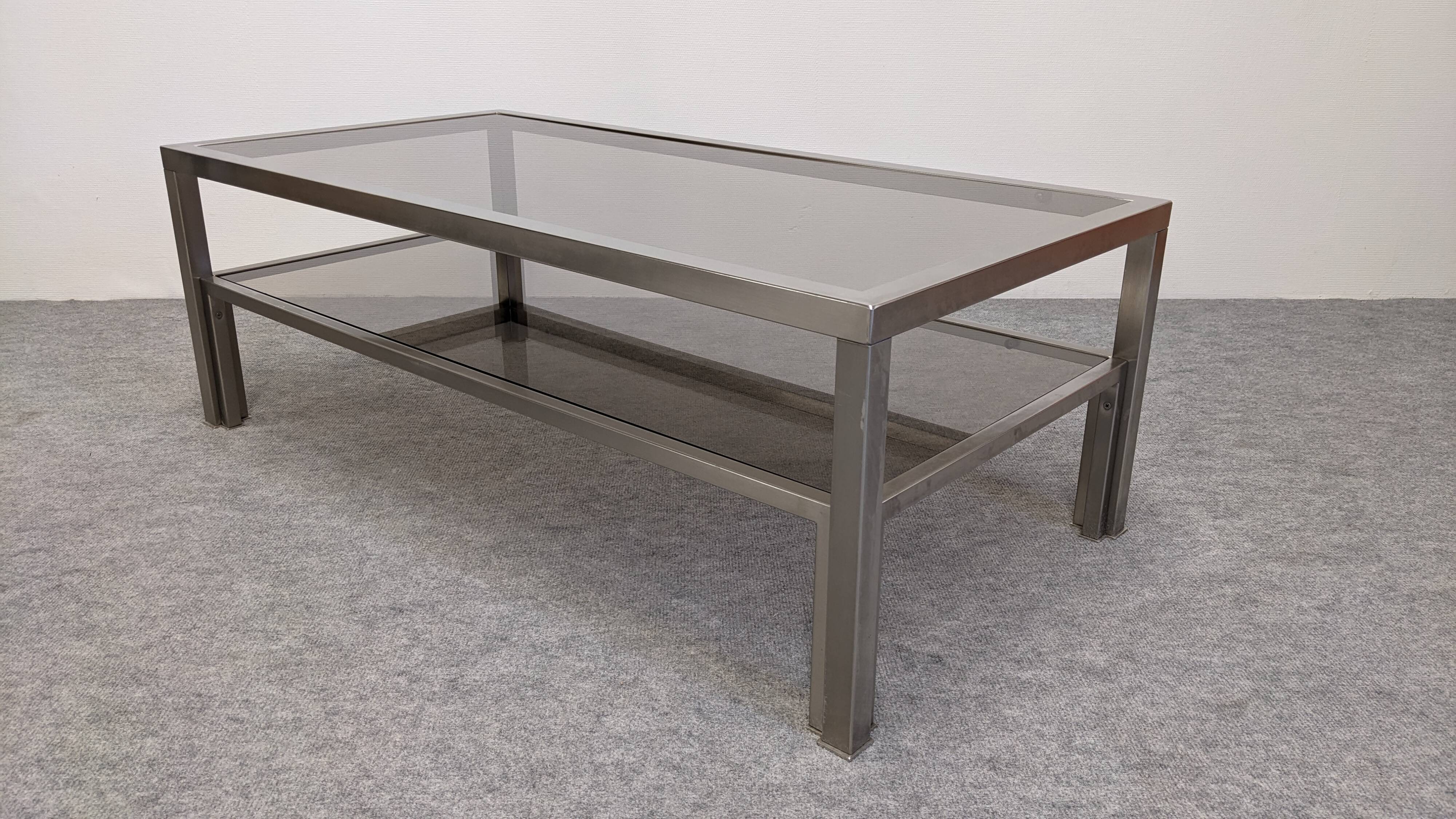 Table basse à 2 plateaux en inox brossé et verre fumé, France vers 1970
