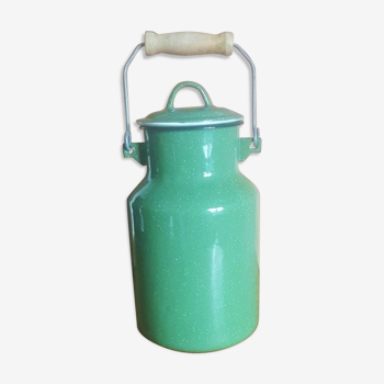 Vintage green enamelled metal milk jar with lid
