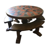 Solid oak and stone table with 3 benches