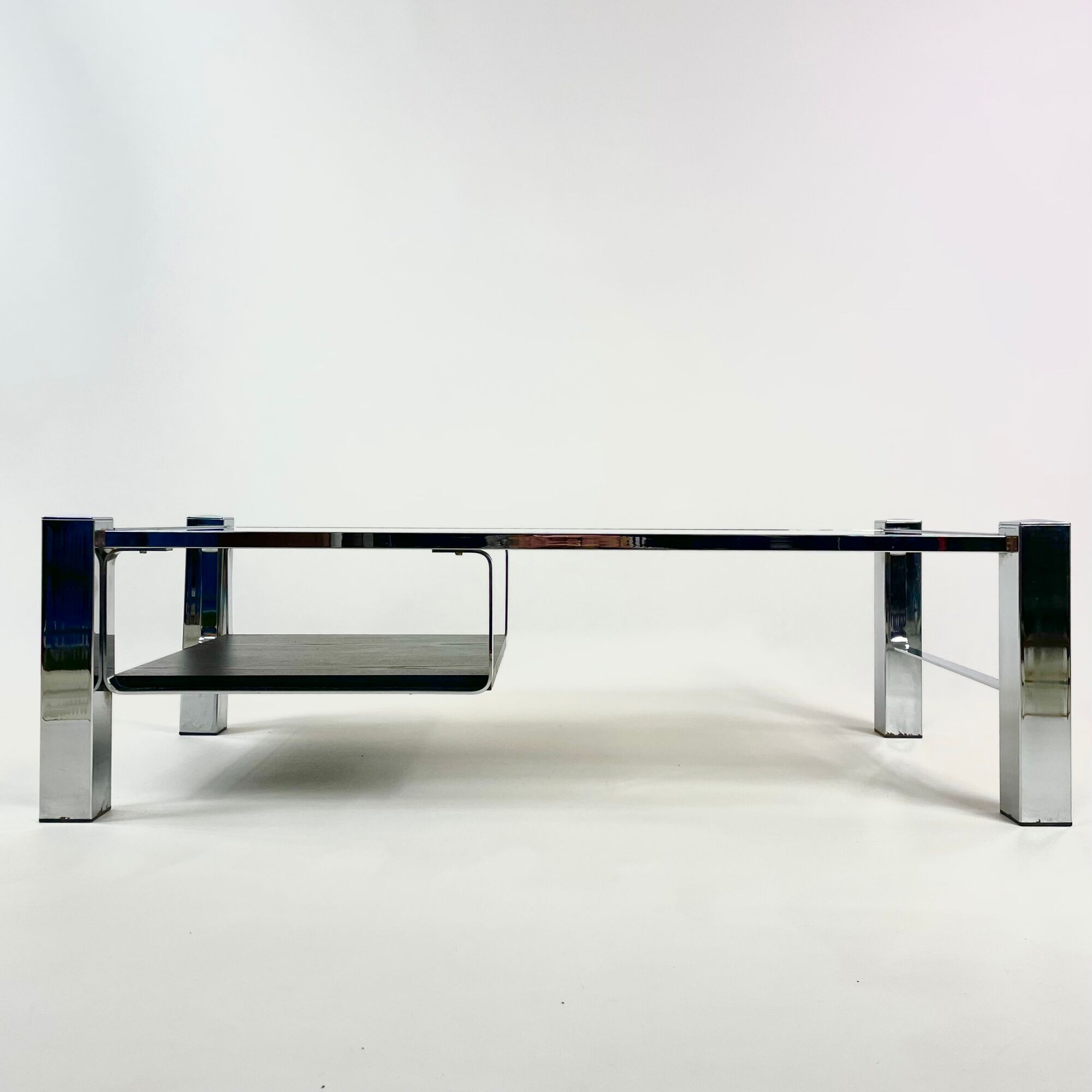 Belgo chrom chrome coffee table, smoked glass top and wooden undertray, circa 1980