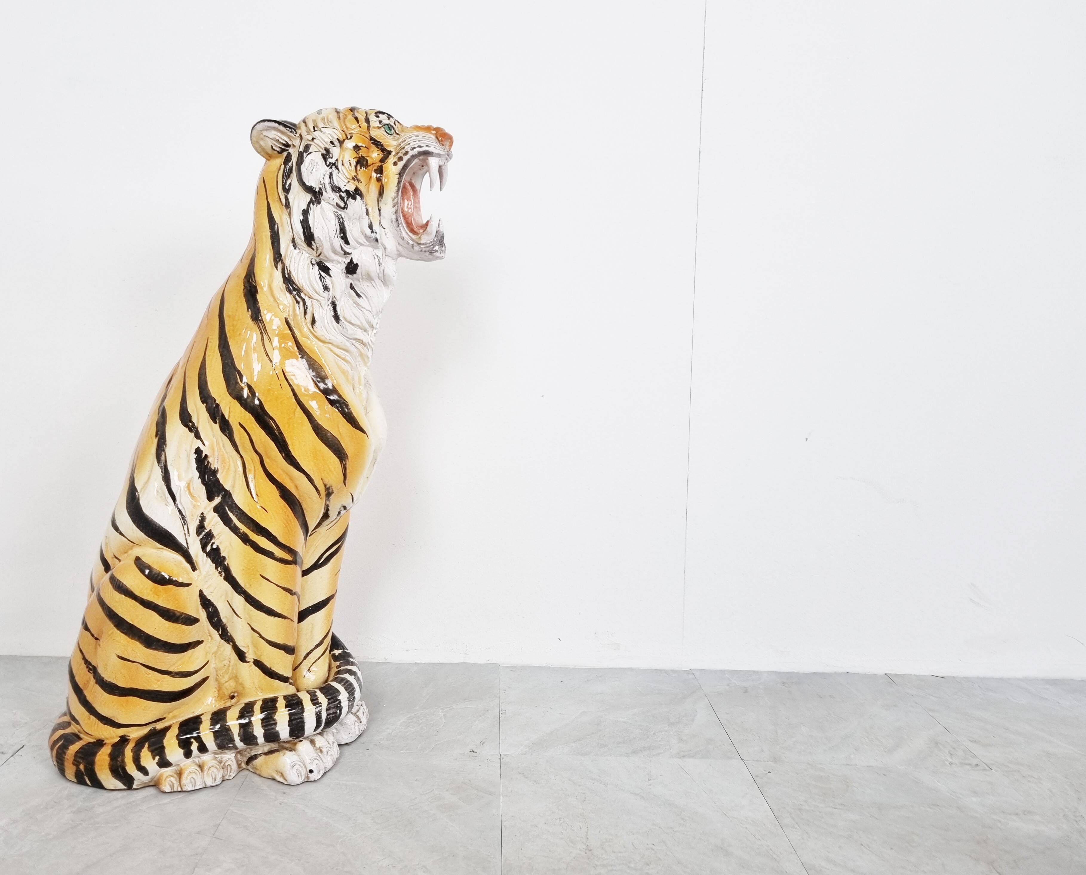 Large ceramic Hand Painted Tiger, 1970's Italy