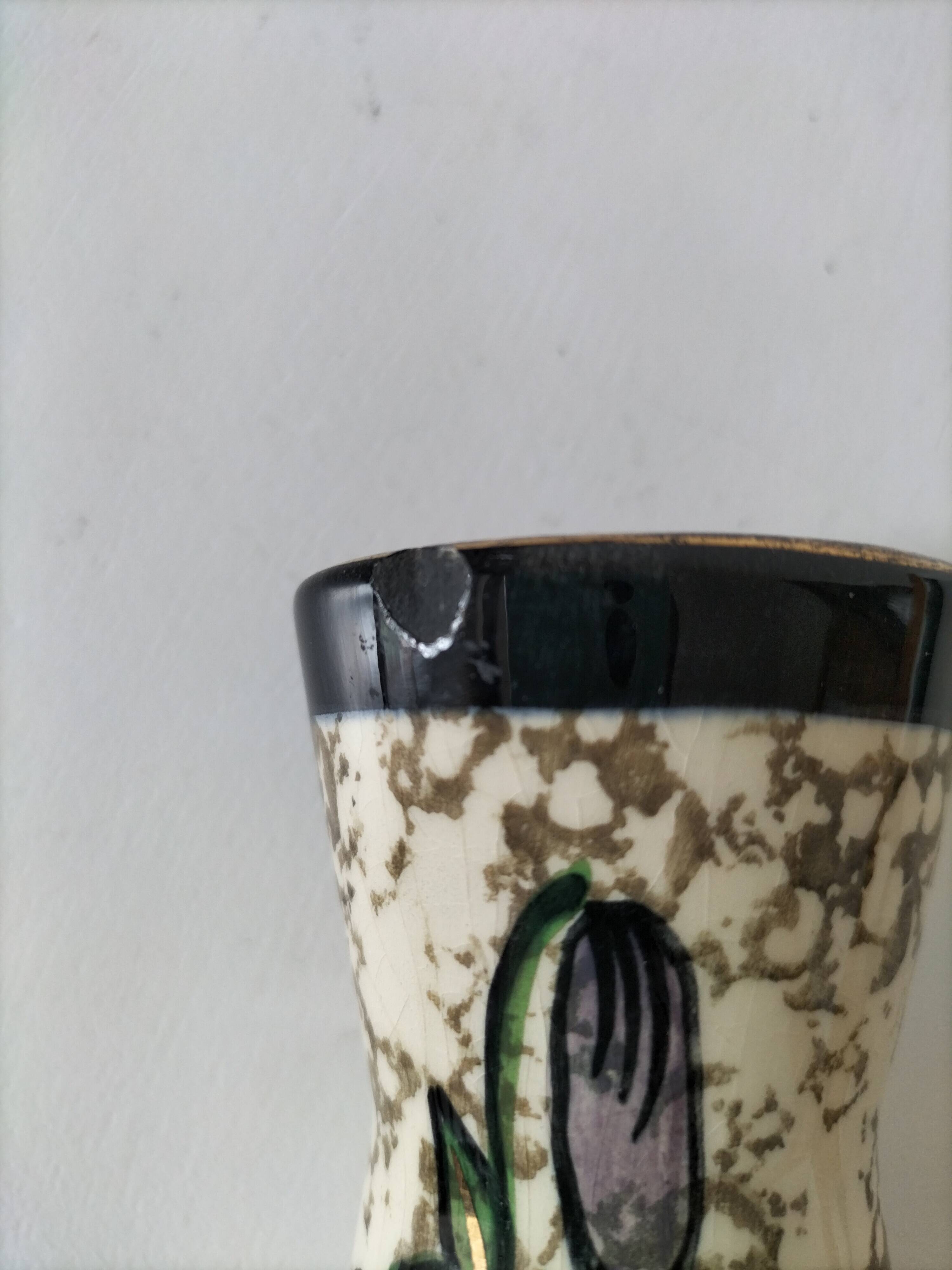Vintage cream ceramic vase with purple floral decoration and gold highlights