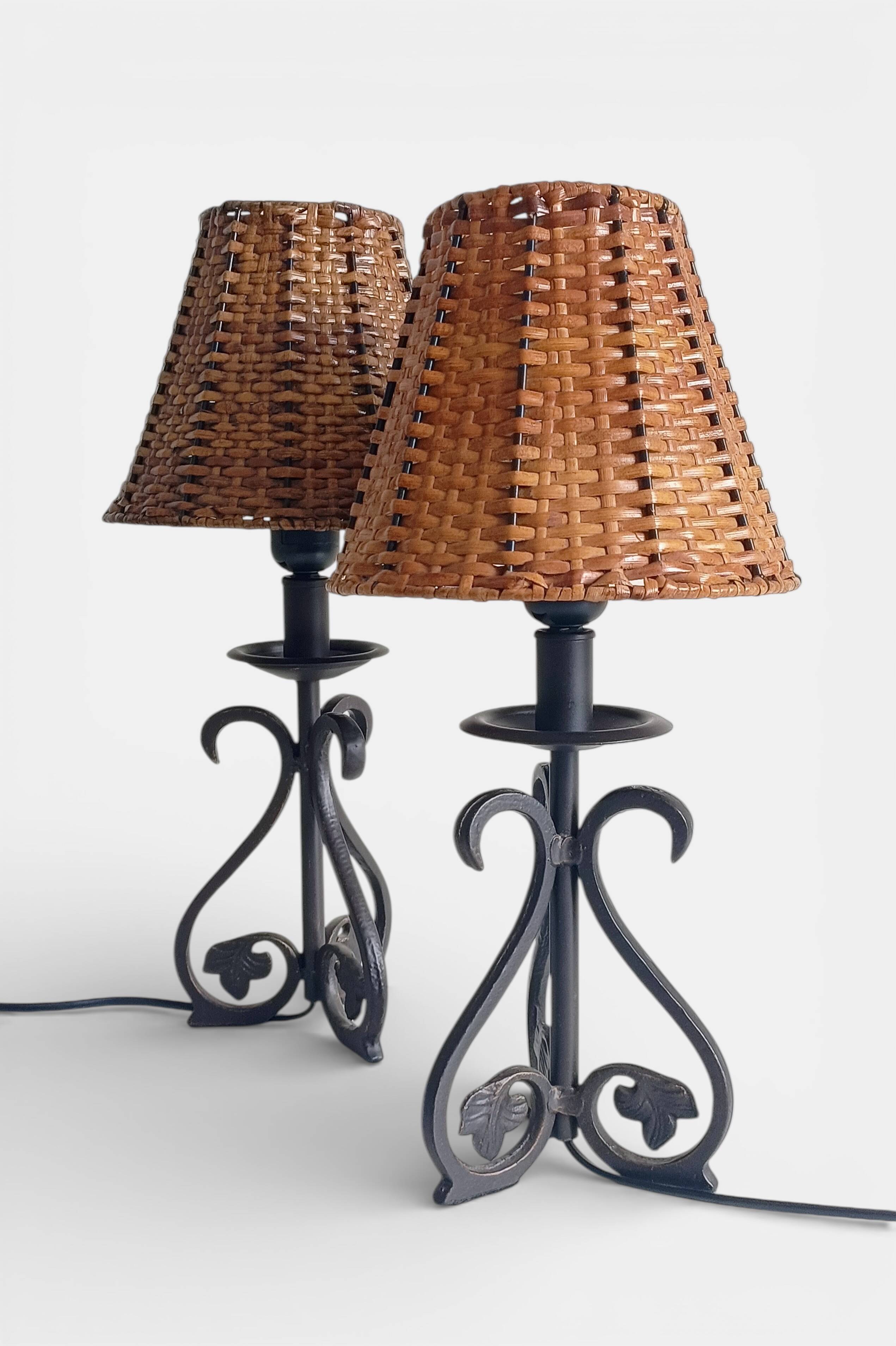 Spanish Hand Forged Wrought Iron Table Lamps with Hand Woven Wicker Shades