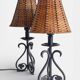 Spanish Hand Forged Wrought Iron Table Lamps with Hand Woven Wicker Shades
