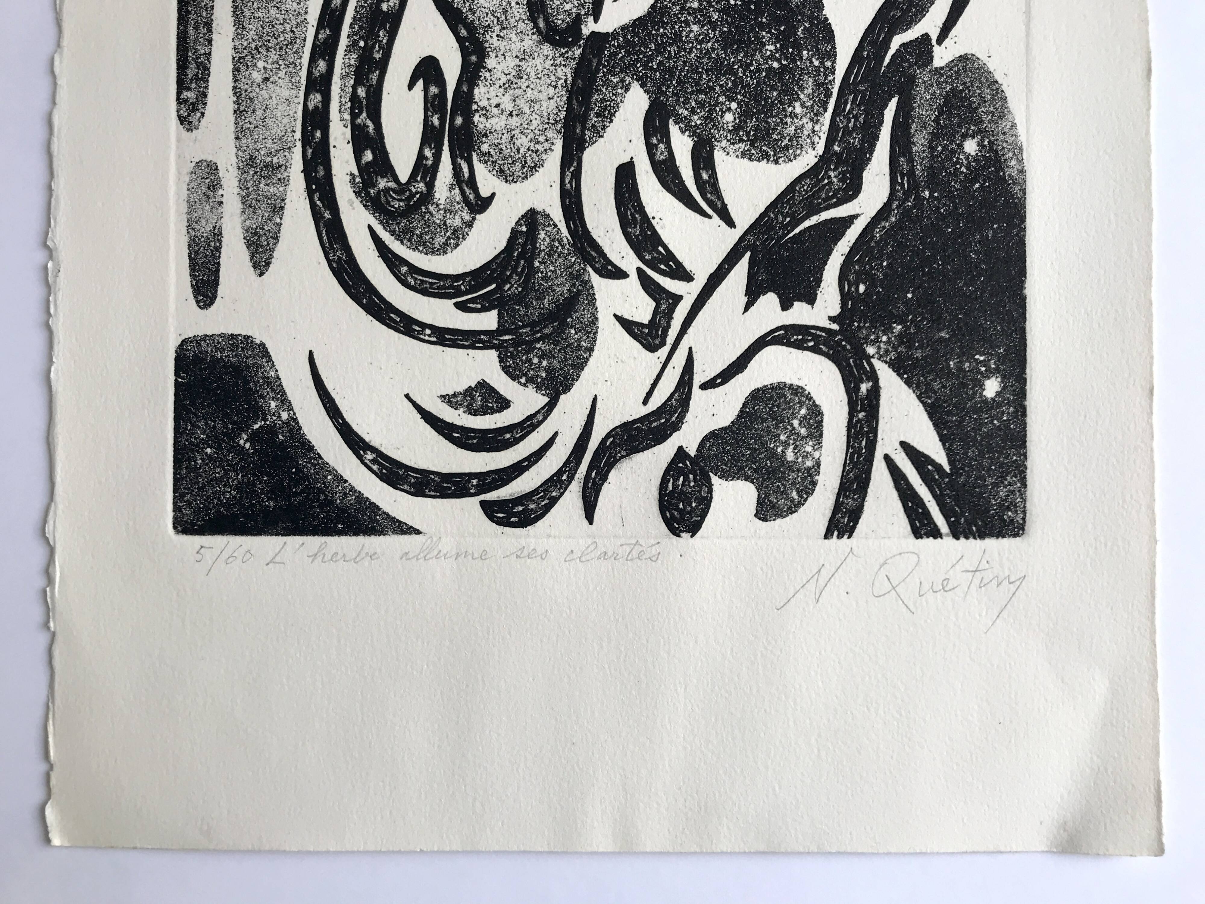 Nicole quétin, the grass lights up its lights, c. 1990. etching signed in pencil