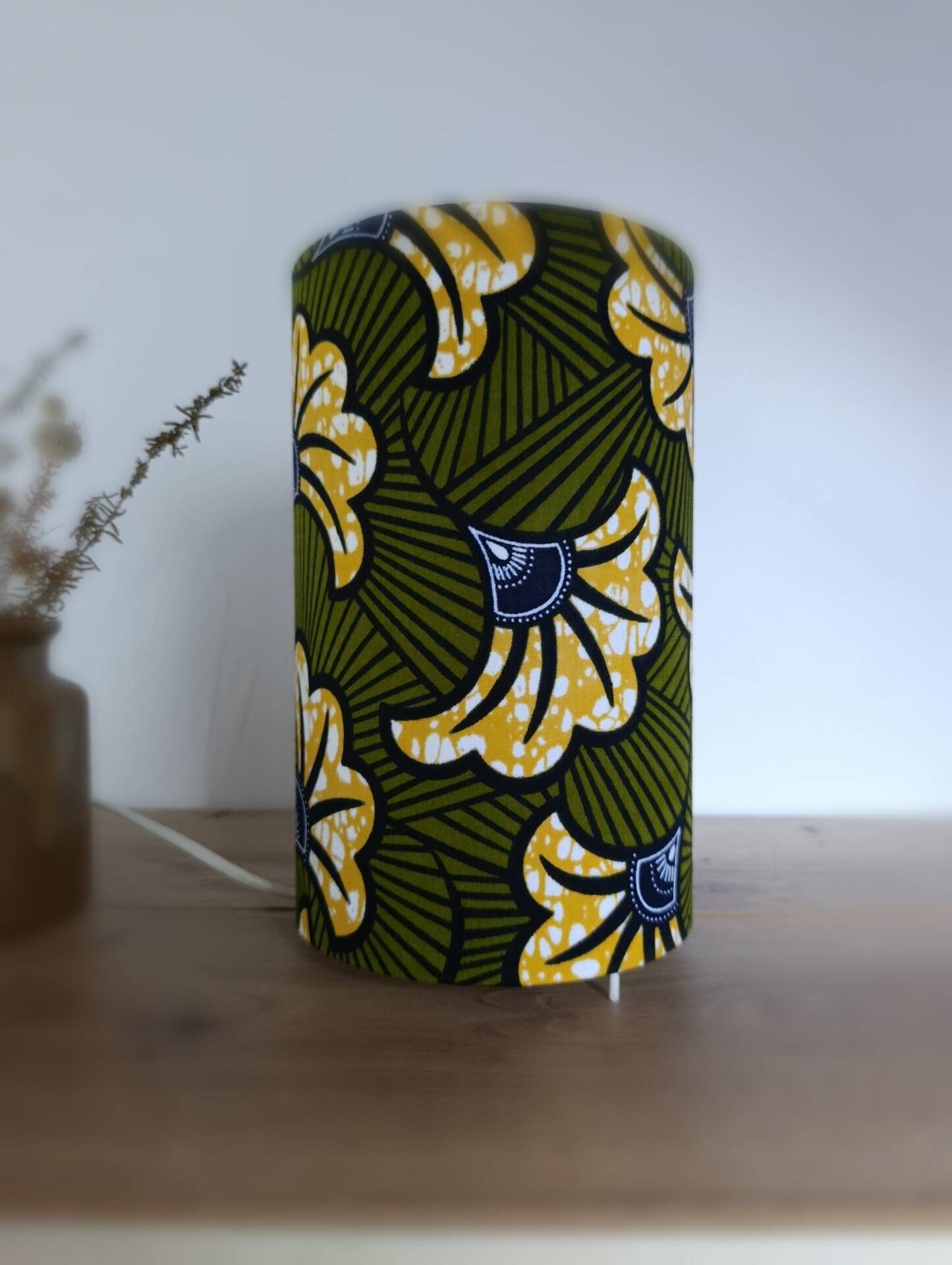 Olive green/yellow ethnic printed flower wax tube lamp