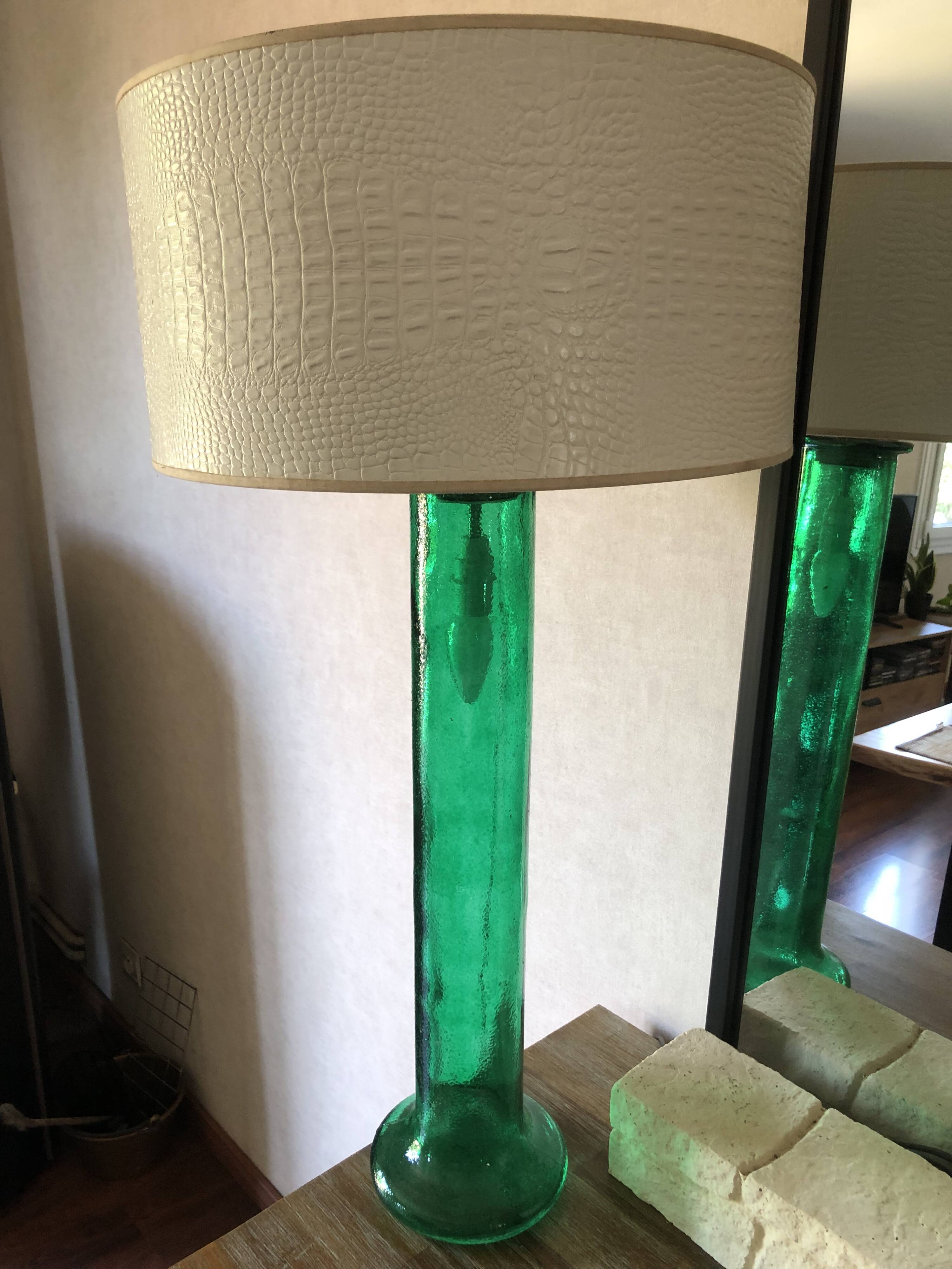 Retro table lamp with glass base and crocodile effect leather shade.