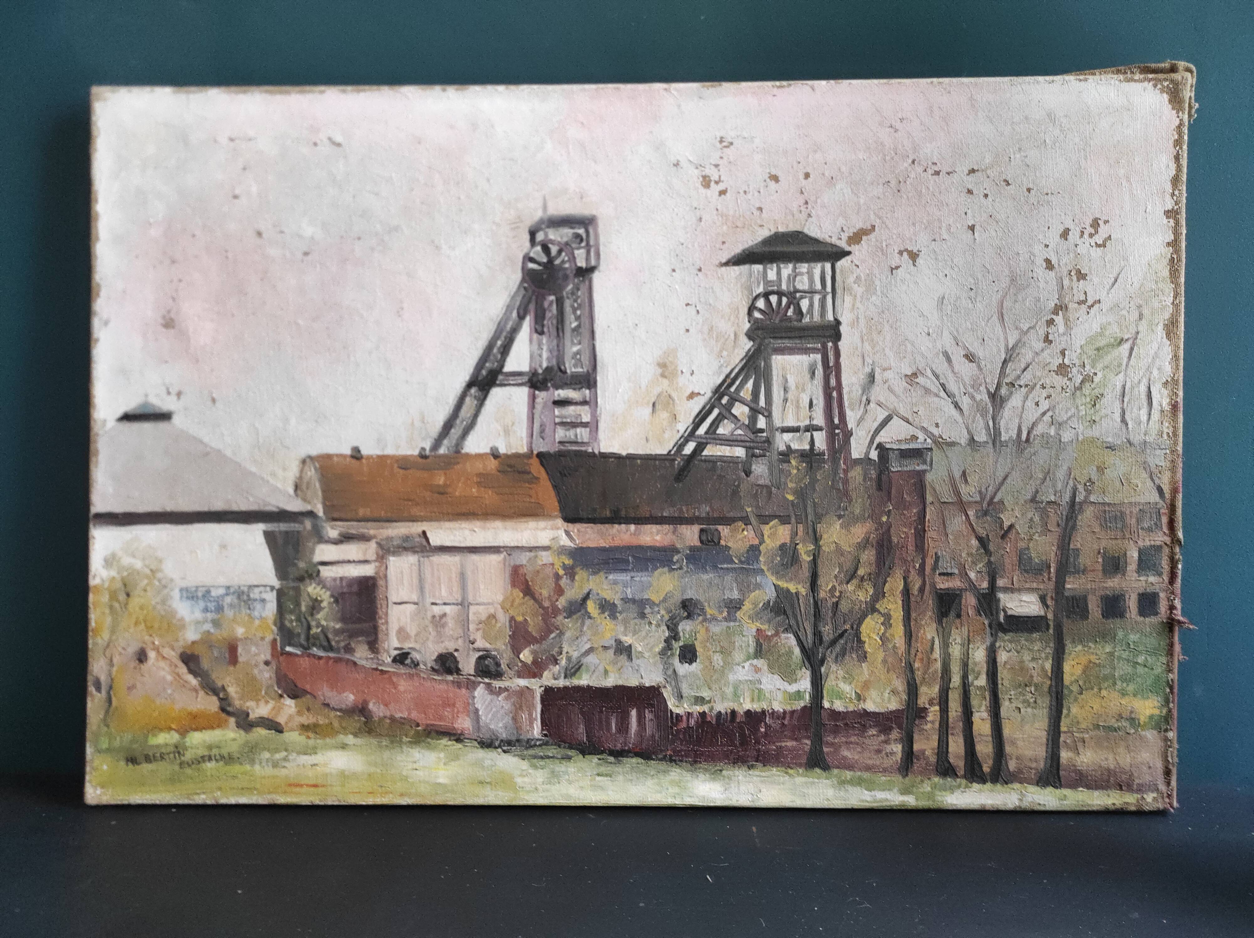 French vintage oil painting on canvas of a mine, signed M. L. Bertin Eustache