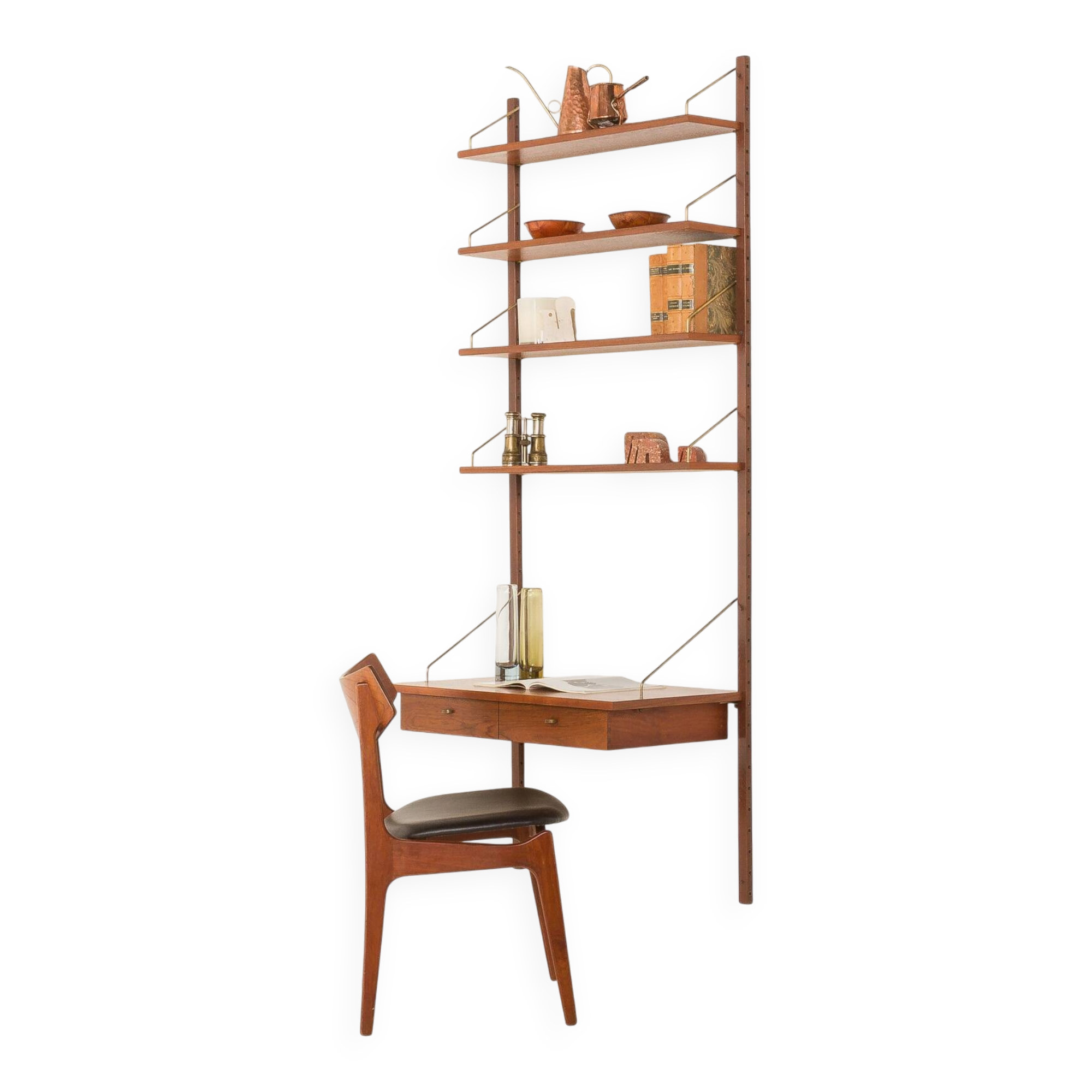 Danish vintage teak home office shelving unit, 1960s