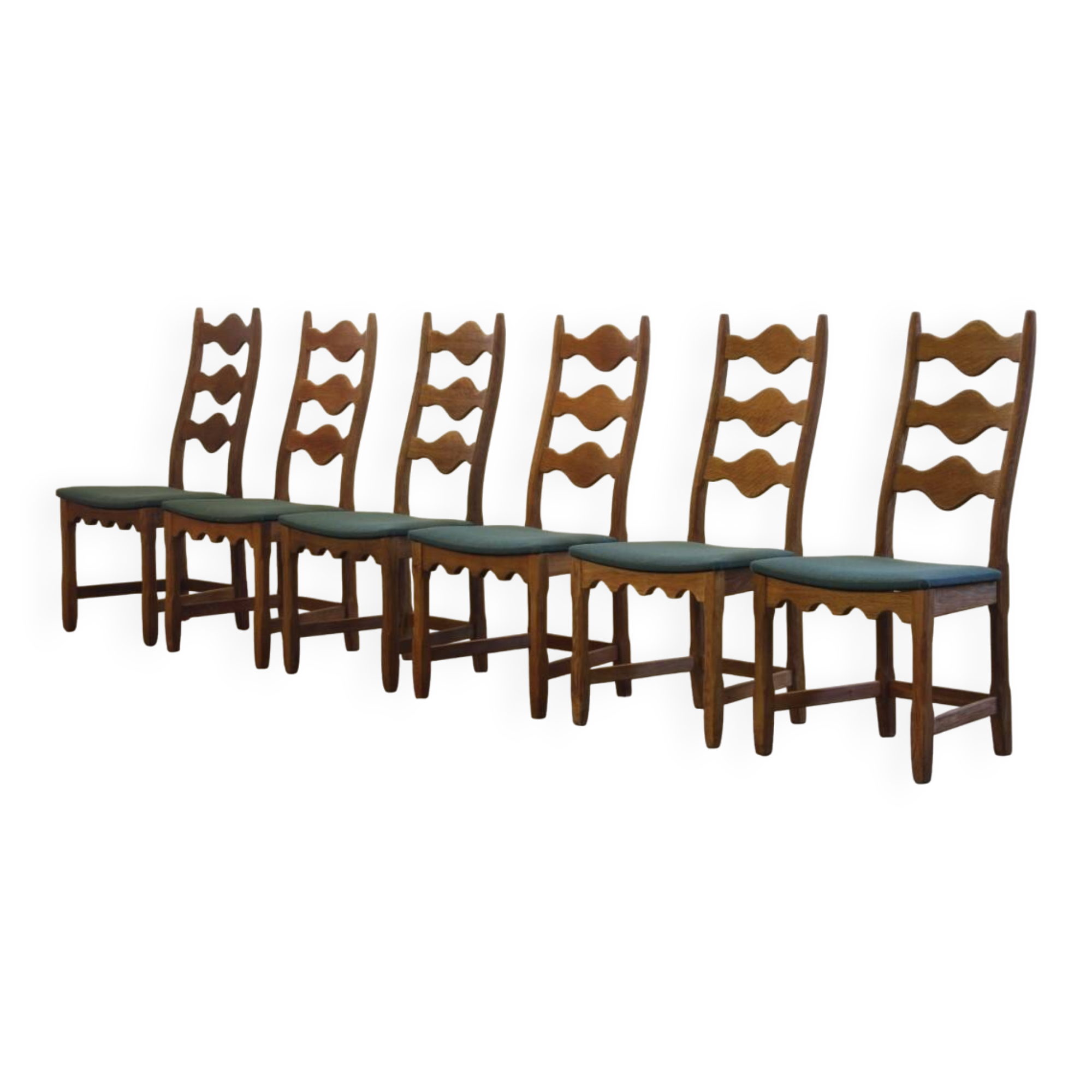 Six vintage 1960s Danish ladderback oak chairs, Henning Kjærnulf brutalist style