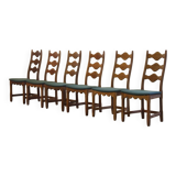 Six vintage 1960s Danish ladderback oak chairs, Henning Kjærnulf brutalist style