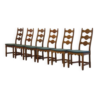 Six vintage 1960s Danish ladderback oak chairs, Henning Kjærnulf brutalist style
