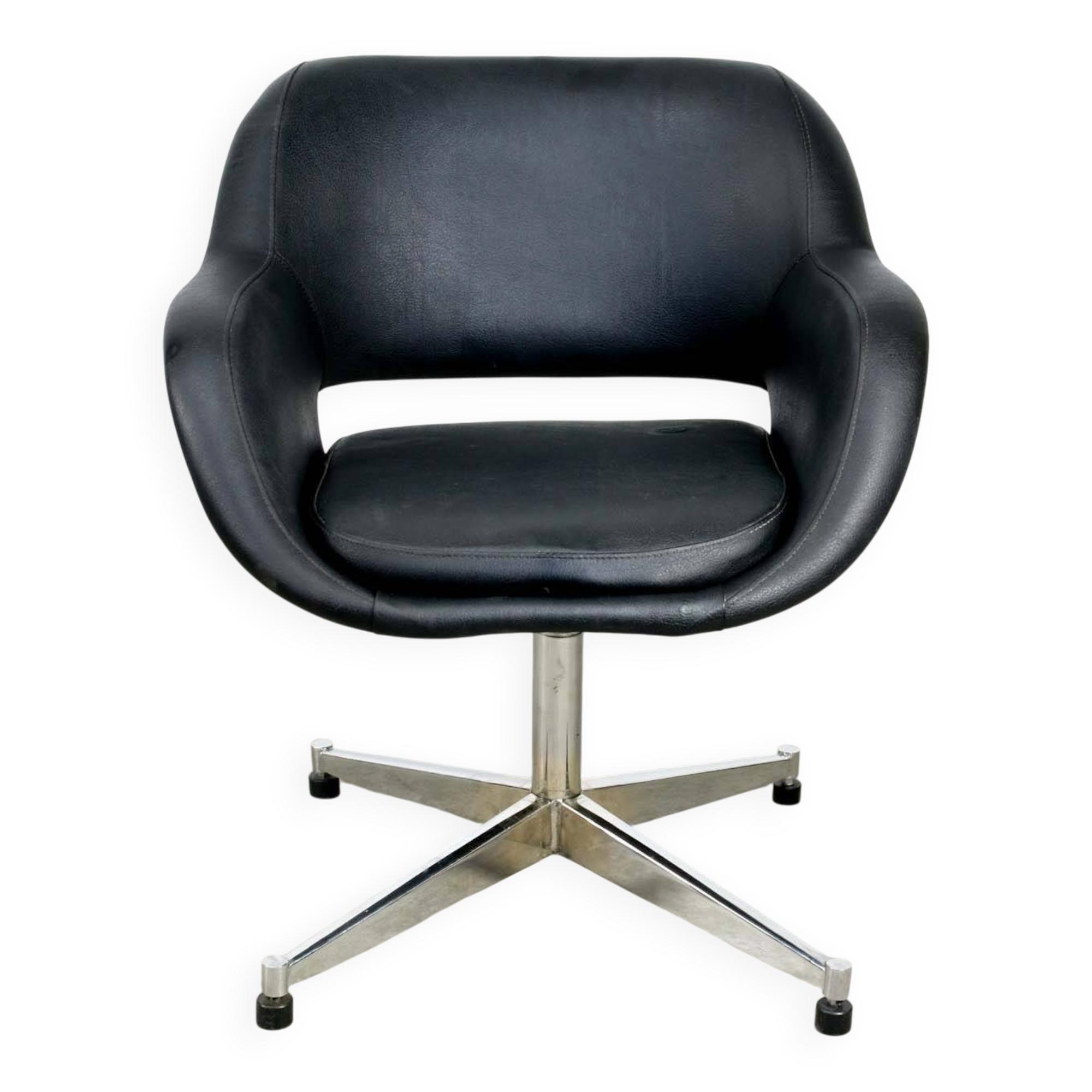 Chaise pivotante vintage en simili cuir noir et chrome, années 70