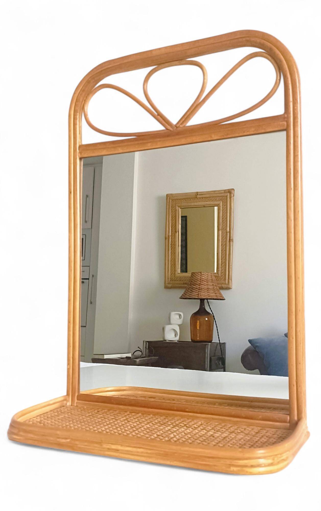 Mid Century French Riviera Rattan and Wicker Mirror With Shelf, Spain, 1960s–70s