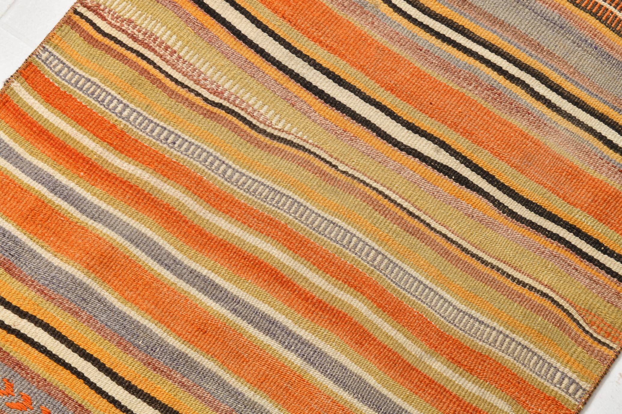 2x10 Pistriped Orange & Green Vintage Kilim Runner Rug, 69x325Cm