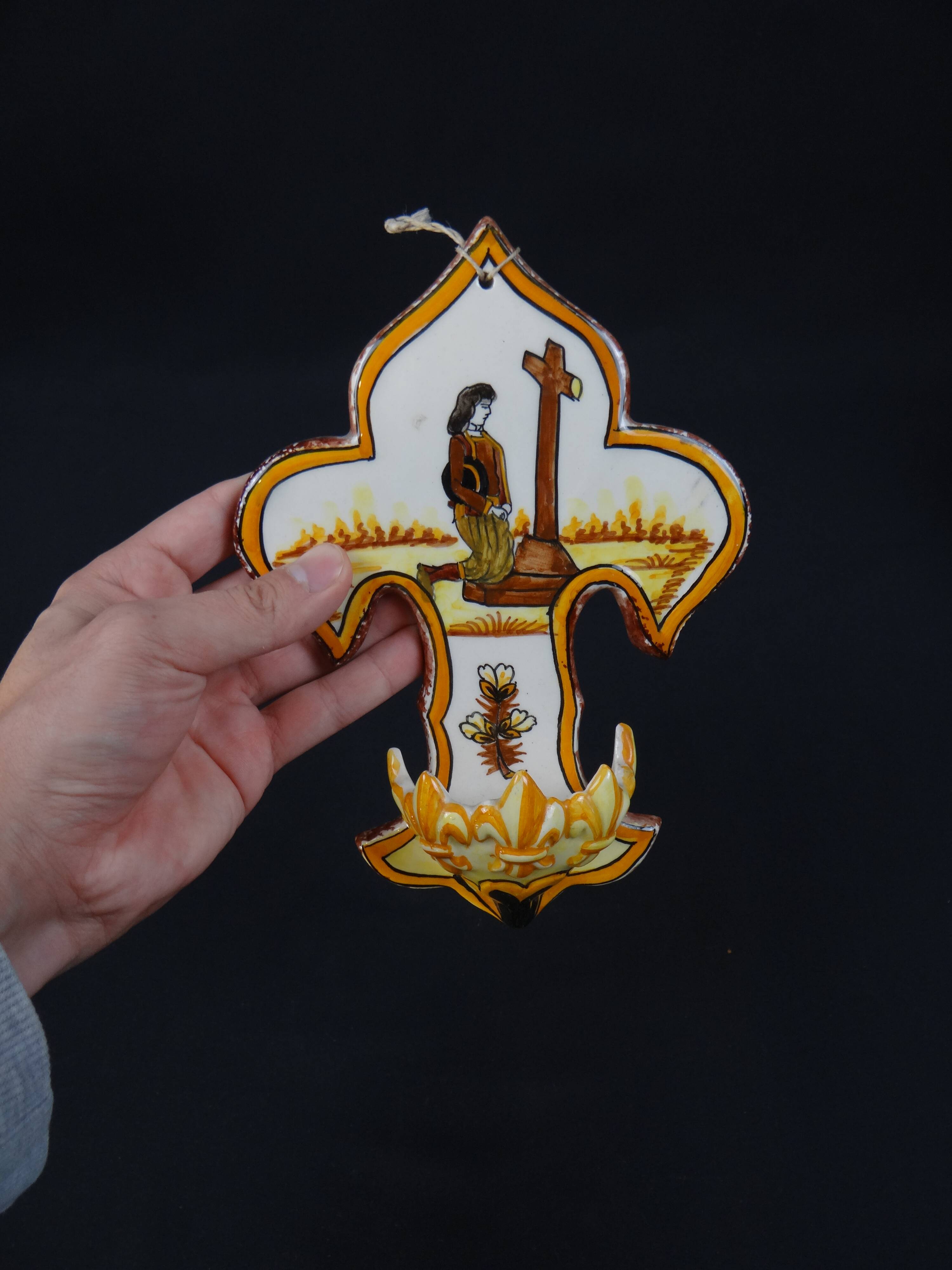 Polychrome earthenware holy water font signed Henriot Quimper from the 60s vintage