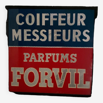 Hairdresser's sign Messieurs Parfums Forvil mid-20th century under glass