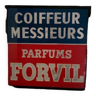 Hairdresser's sign Messieurs Parfums Forvil mid-20th century under glass