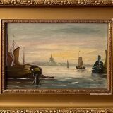 Voilier relaxant et pêche sur la peinture à l'huile du lac à bord